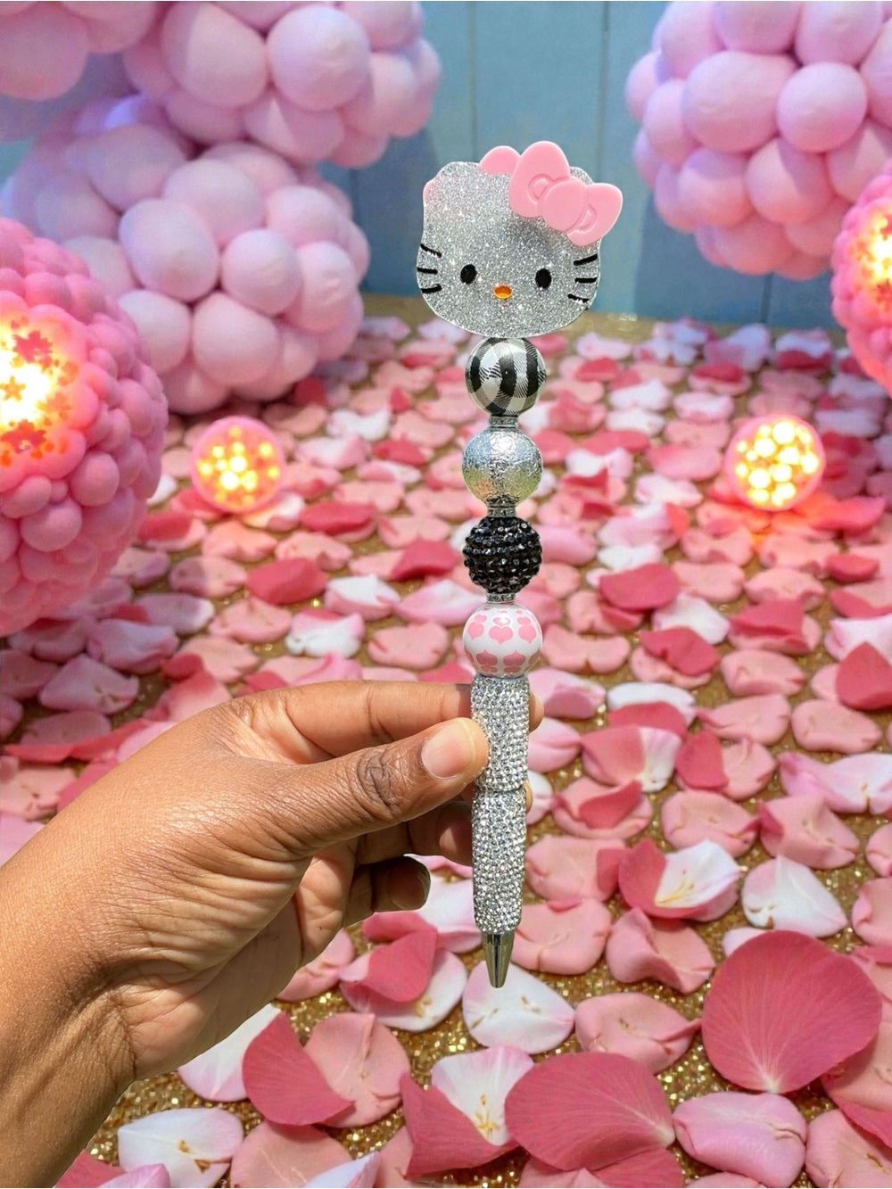 Handcrafted Pink Glitter HK Beaded Silver Rhinestone Pen - Picture 4 of 4